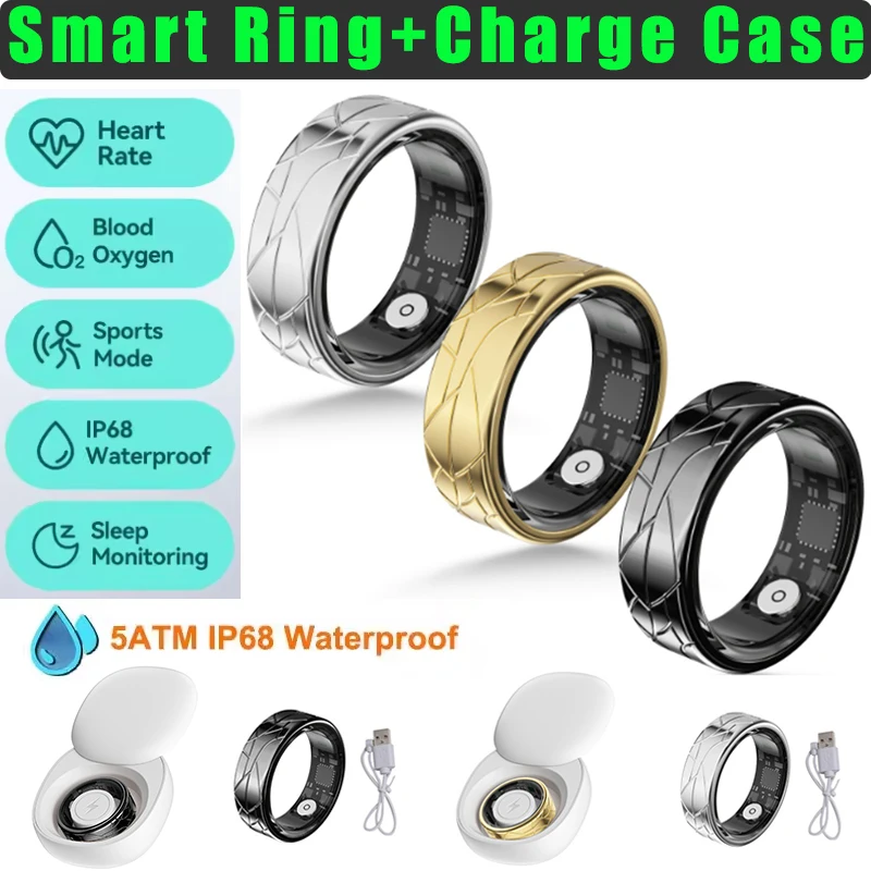 

Смарт-кольцо для мужчин и женщин, зарядный чехол, трекер кислорода в крови, монитор сна, 5 АТМ, водонепроницаемые кольца управления камерой, палец 200 мАч