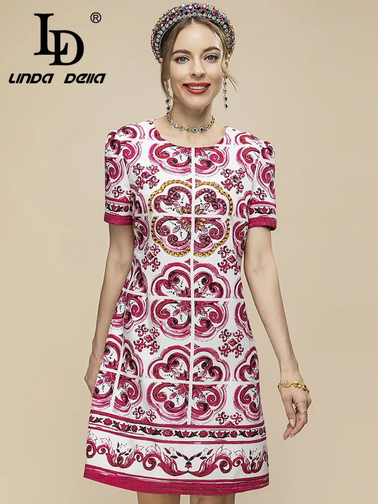 

LD LINDA DELLA 2023 New Fashion Runway Summer Short Dress Women's Beading Floral print Short sleeve Vintage Party Mini Dresses