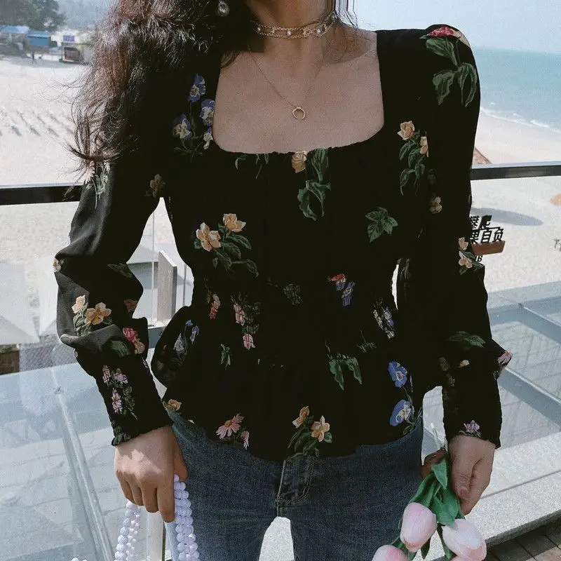 Women Spring Summer New Square Collar Chiffon Pullover Retro Trendy Printing Cinched in the Waist Look Thinner Long Sleeve Tops