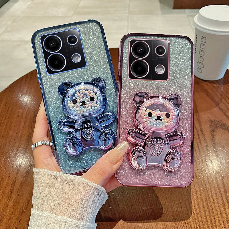 

For Redmi Note 13 Pro 4G Luxury Gradient Glitter Plating Quicksand Beads Cute Bear Holder Case Cover Xiaomi Redmi Note 13 Pro 4G