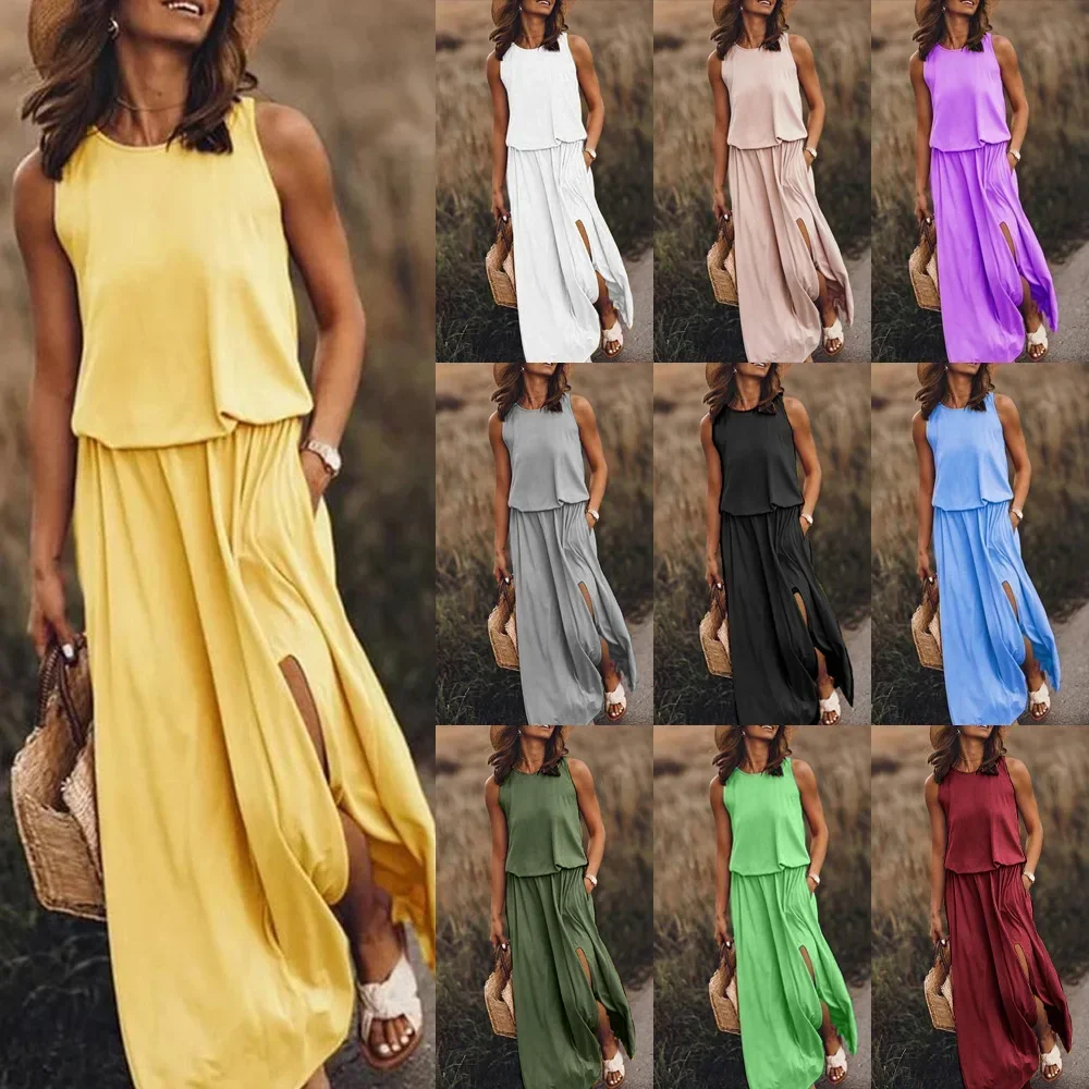 

2024 New Summer Cross-border Women's Clothing Round Neck Sleeveless Dress Side Slit Multi-color Solid Color Long Dress