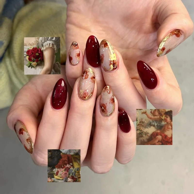 24Pcs Press-On Nail Set Gradient Red Rose Apricot Spicy Pink Burgundy Floral Designs Perfect Gift for Women and Friends
