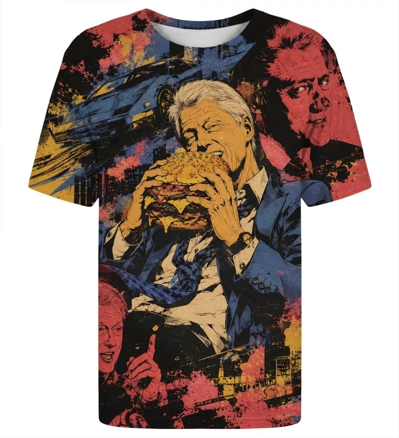 Retro Cartoon Art T-shirt, Featuring Man Eating Giant Hamburger, Sports Car, A Grunge Urban Style Print; Street Style T-shirt.
