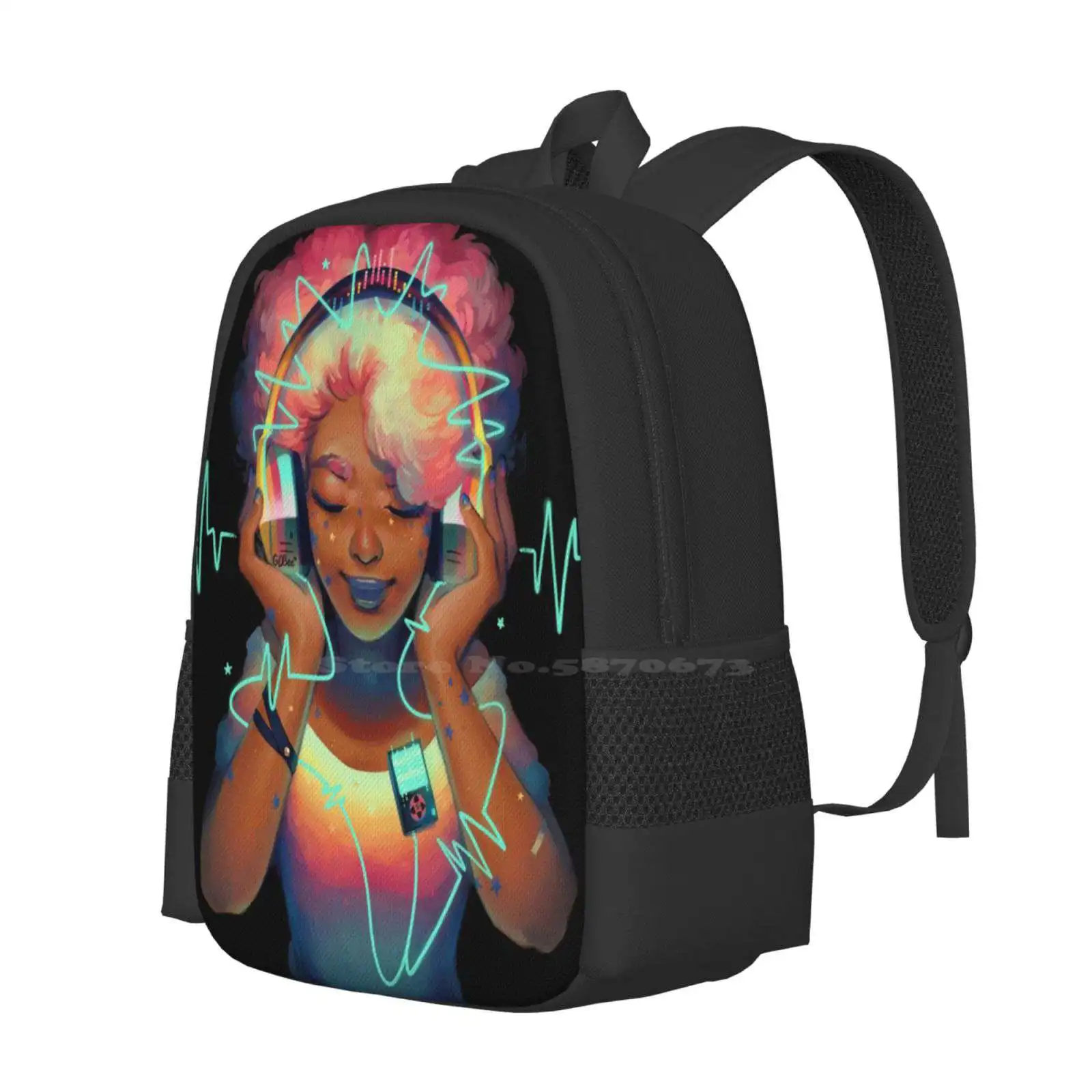 Music Bag Backpack For Men Women Girls Teenage Music Headphones Retro Chillhop Rainbow Afro Black Art