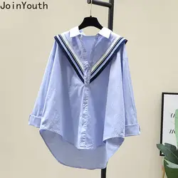 Cotton Long Sleeve Shirts Women's Clothing Loose Casual Blouses Patchwork Knit Striped Blusas Mujer 2023 Korean Ruffles Tops