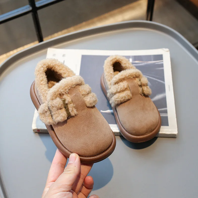 Winter Warm Girls Shoes Suede Round Toe Retro Flat Shoe Thicken Plush Kids Shoes Soft Sole Non-slip Children Cotton Shoe 여아구두