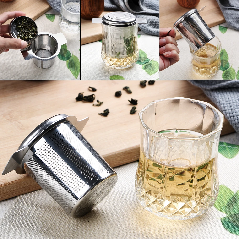 6cm Height Tea Infusers Basket Lid Tea and Coffee Filters Fine Mesh Tea Strainer Reusable with 2 Handles Stainless Steel