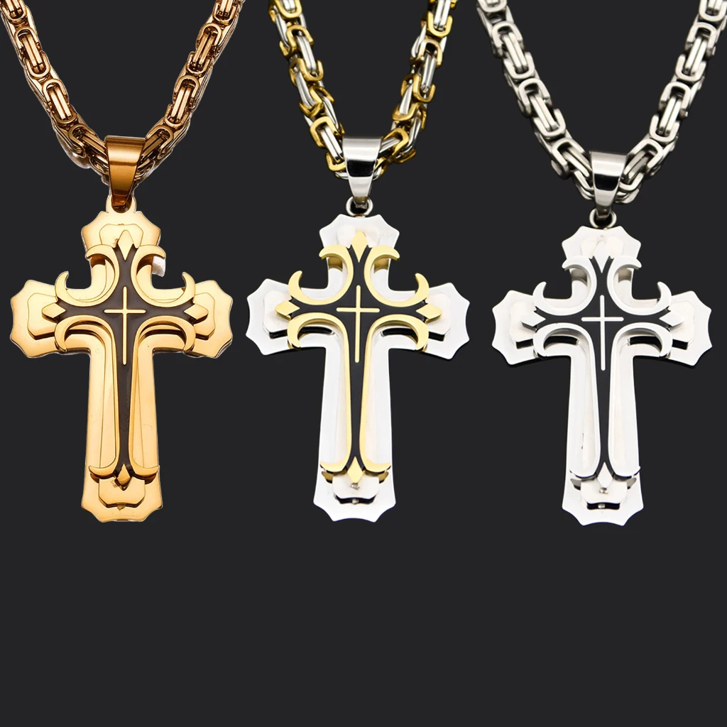 Fashionable Three-layer Gold-plated Cross Necklace Pendant Hip-hop Necklaces for Men Cross Stainless Steel Jewelry Anniversary G