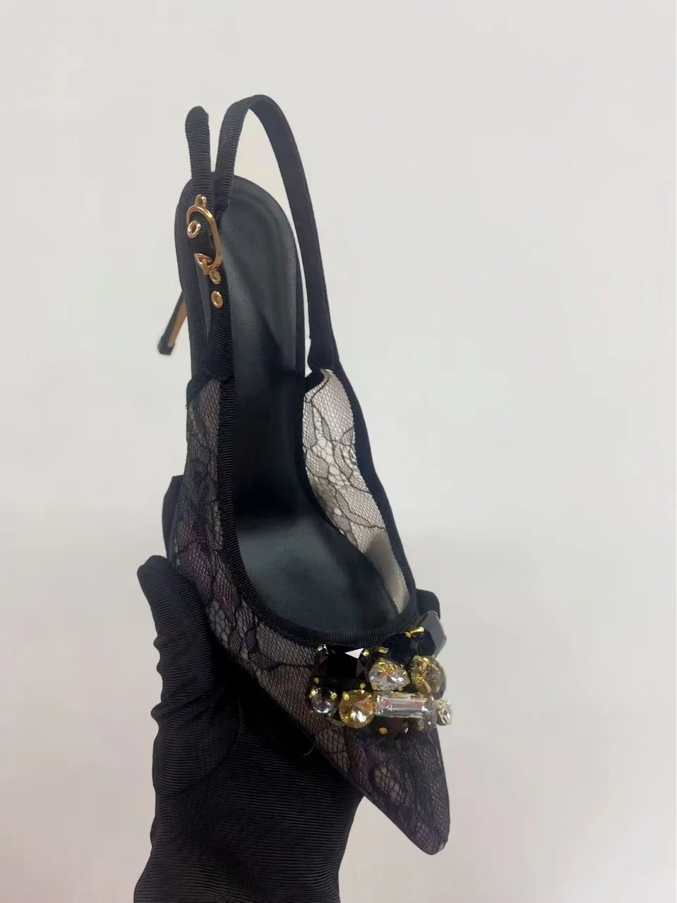 

Luxury Gem Decor Heeled Women Slingback Black Mesh Embroider Elegant Pointed Ladies Slingback Evening Party Bridal Dress Shoes