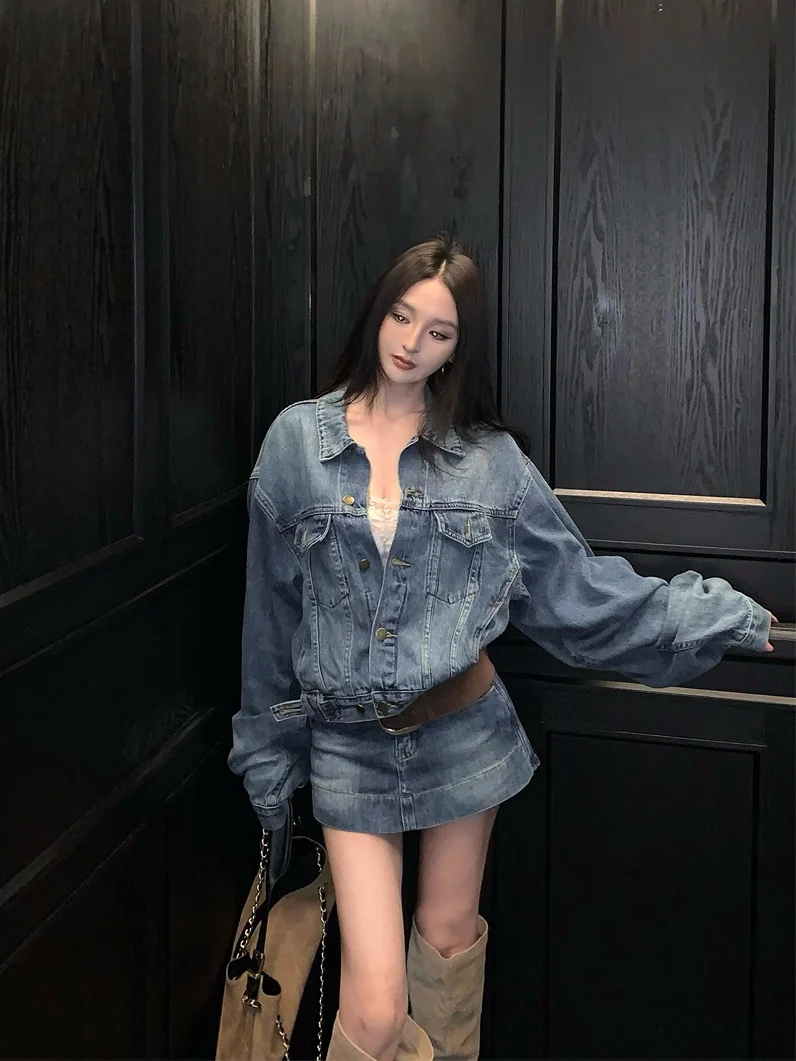 

Spicy Girl Denim Set High Waist Short Skirt Long Sleeve Turn-down Collar Spring Fashion Outerwear for Women Two-piece Suit