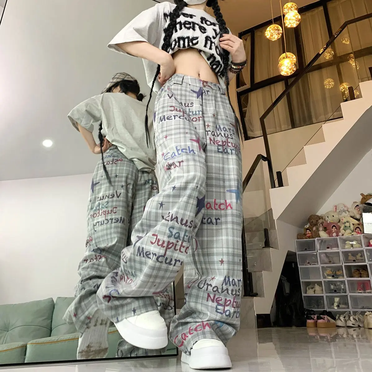 Broek Letter Graffiti Ster Geschilderde Casual Broek Retro Vrouwen 2024 Lente En Zomer Nieuwe Hoge Taille Rechte Broek Met Wijde Pijpen