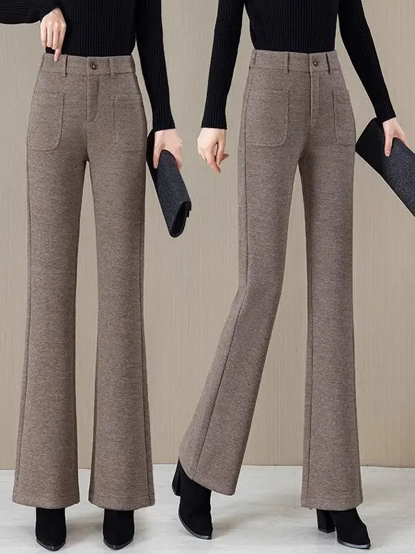 High-End Woolen Flared Pants Women's Winter New Style Fleece-Lined Thickened Elastic High-Waist Slimming Casual Trousers