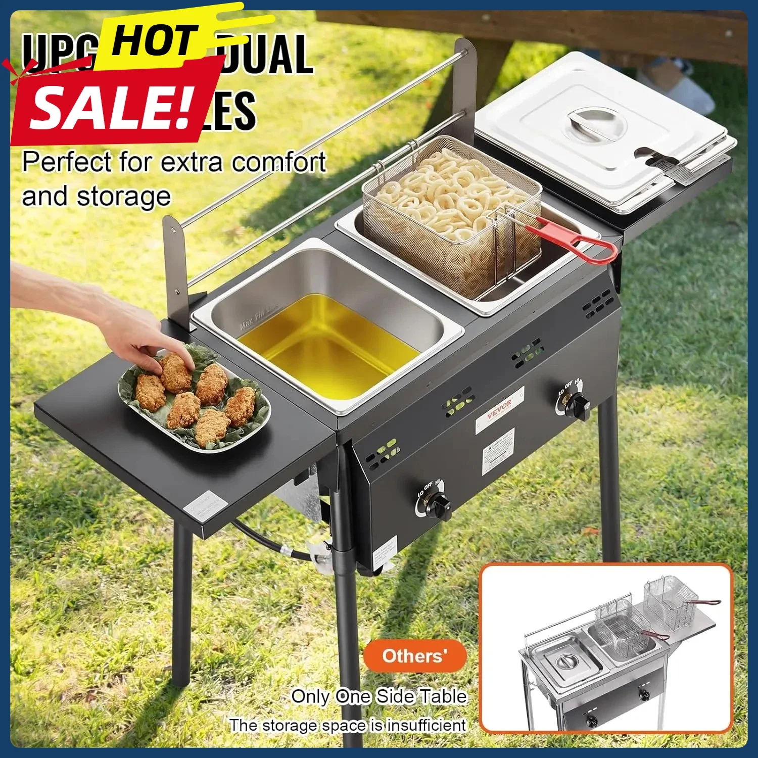 

Hot sales Outdoor Propane Deep Fryer, Double Burners Commercial Fryer, 16 Qt Stainless Steel Cooker with Removable Baskets