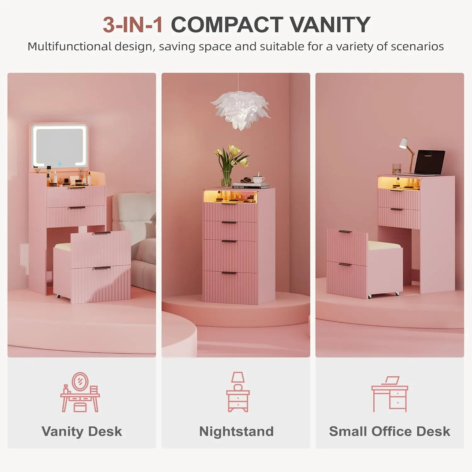 3 in 1 Small Vanity Desk with Plip Top Mirror,Makeup Vanity Set with Visible Glass Desktop,Compact Vanity with 3 Drawers,Storage