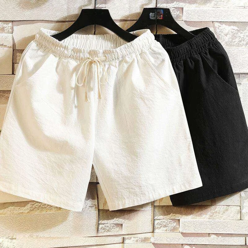 Simple Pure Color Drawstring Cotton Linen Shorts Men Summer Large Size Five-Quarter Pants Stylish Casual Beachwear
