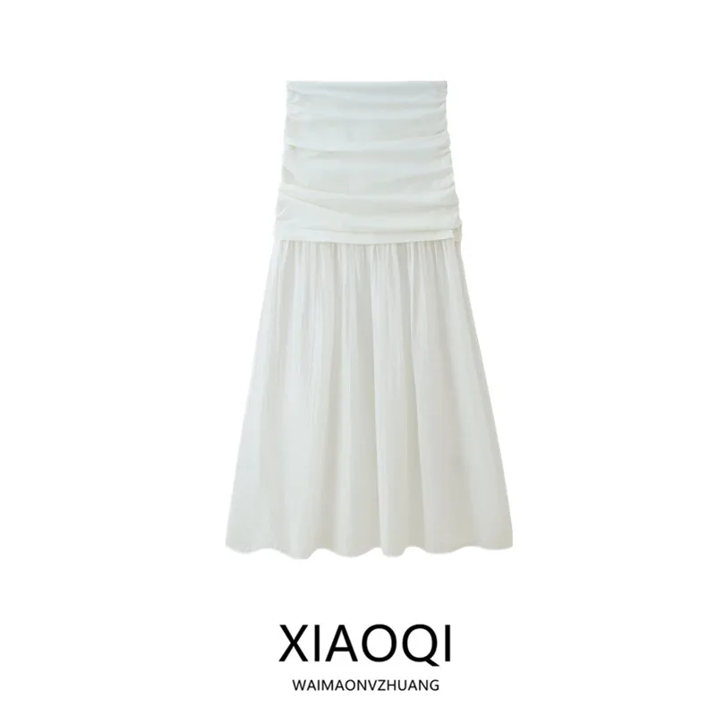 กระโปรงทรงเอ midi ผู้หญิง รุ่นใหม่ประจำฤดูร้อนปี 2025 ตกแต่งแบบพับต่อผ้า  ทรงเอวกลาง ยาวปานกลาง  กระโปรงทรงเอ  ใส่ทำงาน  ทรงหลวม