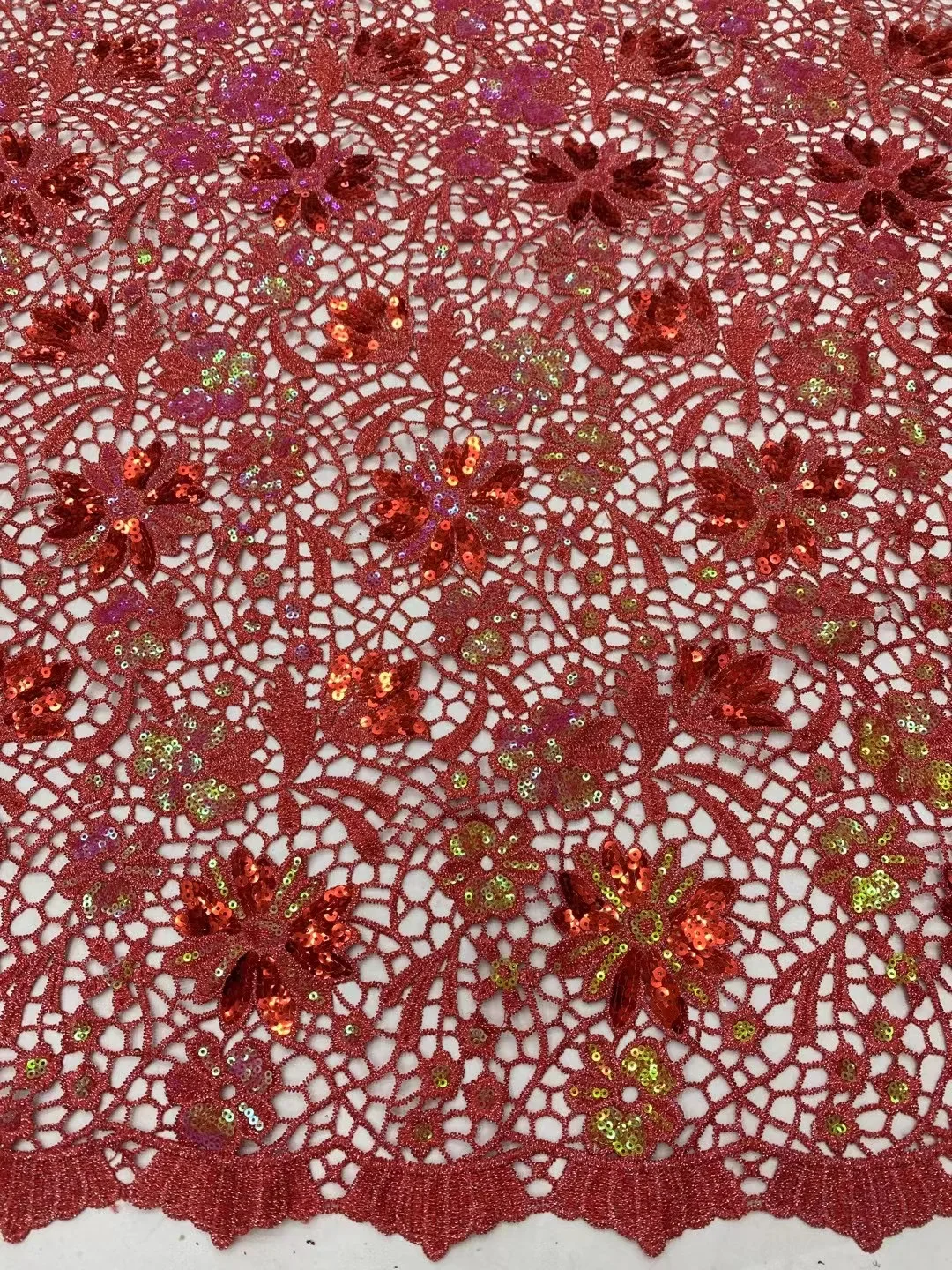 Red African Sequins Lace Fabric 5 Yards High Quality Embroidery Beads French Mesh Nigeran Lace For Wedding Party Dress DP0212
