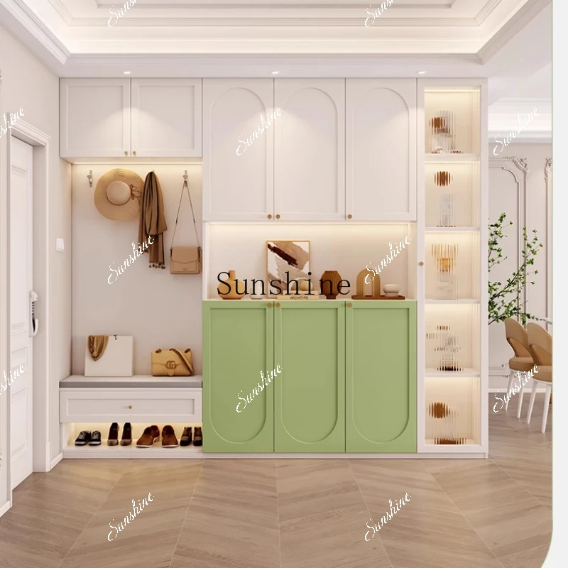 French cream style shoe cabinet, entrance integrated clothes against the wall with stool, home entrance hanging hangers   FT