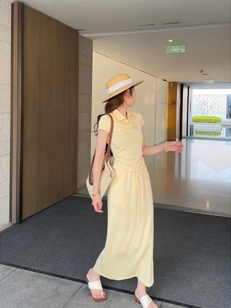 

Elegant Spring Short Shirt And Skirt Set Women's Fashion Outfit Two-Piece Ensemble Pure And Style Polyester Fiber