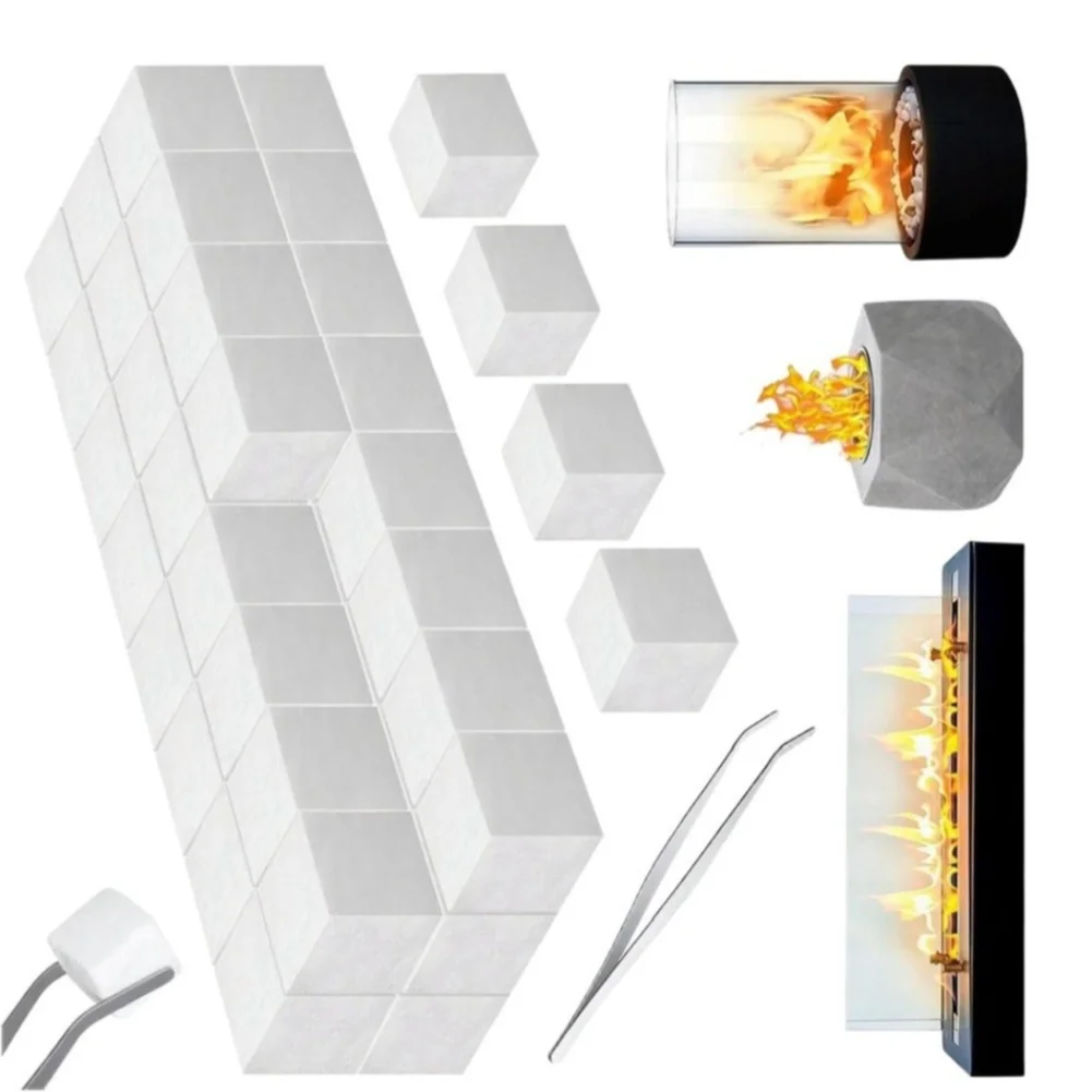 48 Fiber Cotton Blocks with Tweezers for Steady Heat Output in Small-Scale Fire Pits and Portable Ethanol Stoves