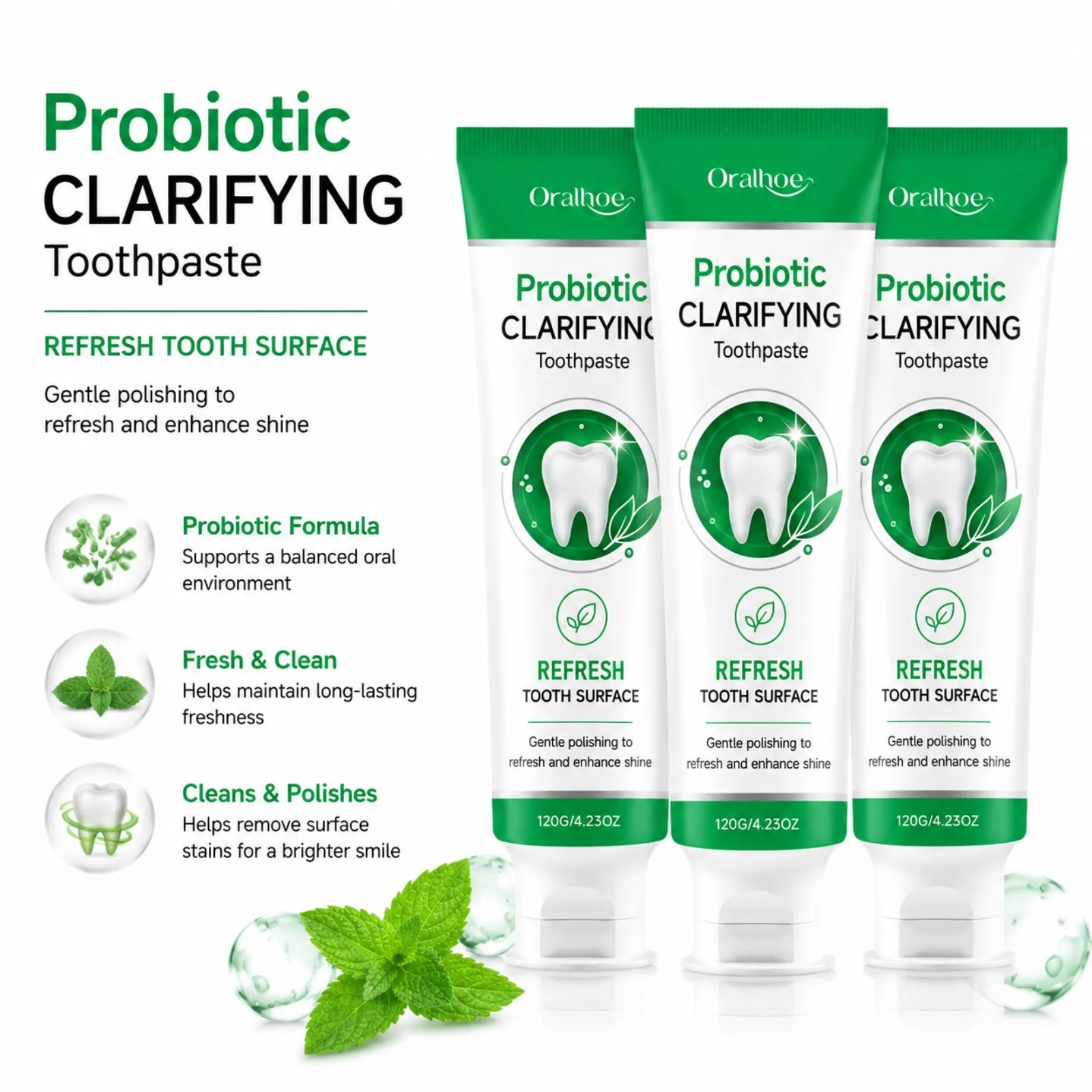Probiotic & Mint Toothpaste for Teeth Surface WHITENING Refreshing Oral Care Paste for Daily Morning Night Home Teeth Cleaning