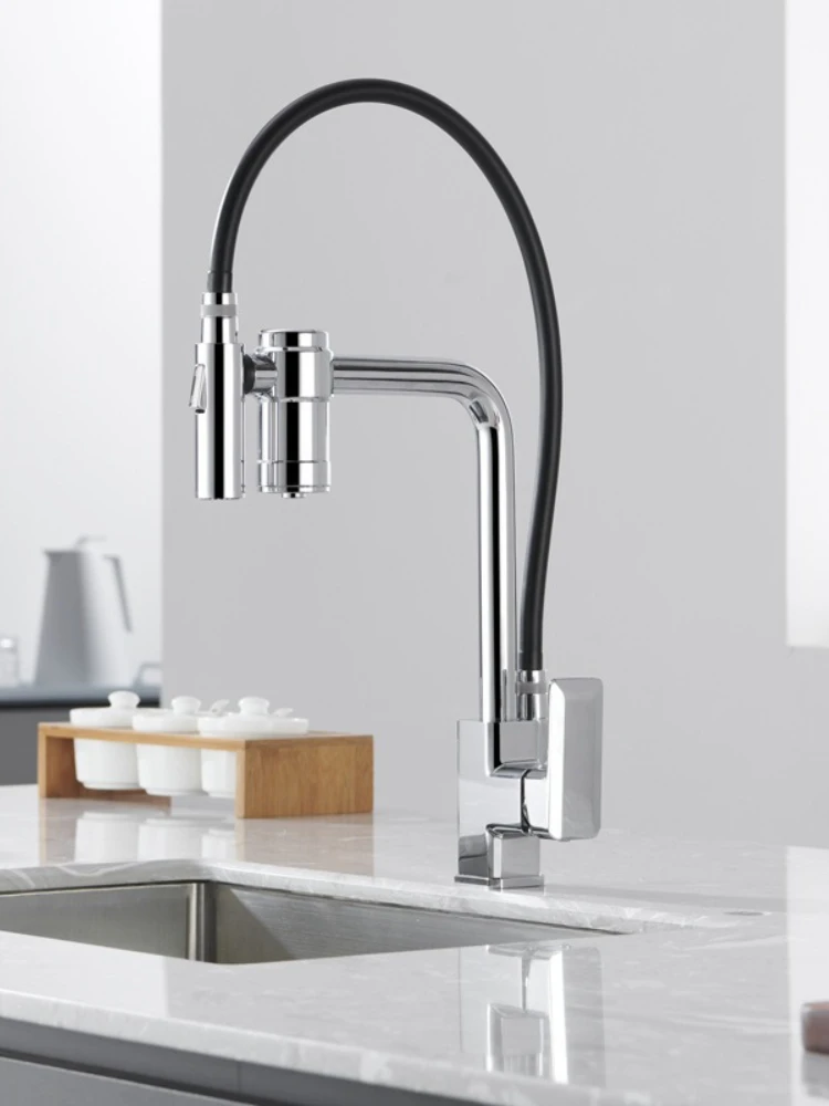 All-copper cold-hot integrated kitchen rotating magnetic pull-back extendable vegetable sink faucet