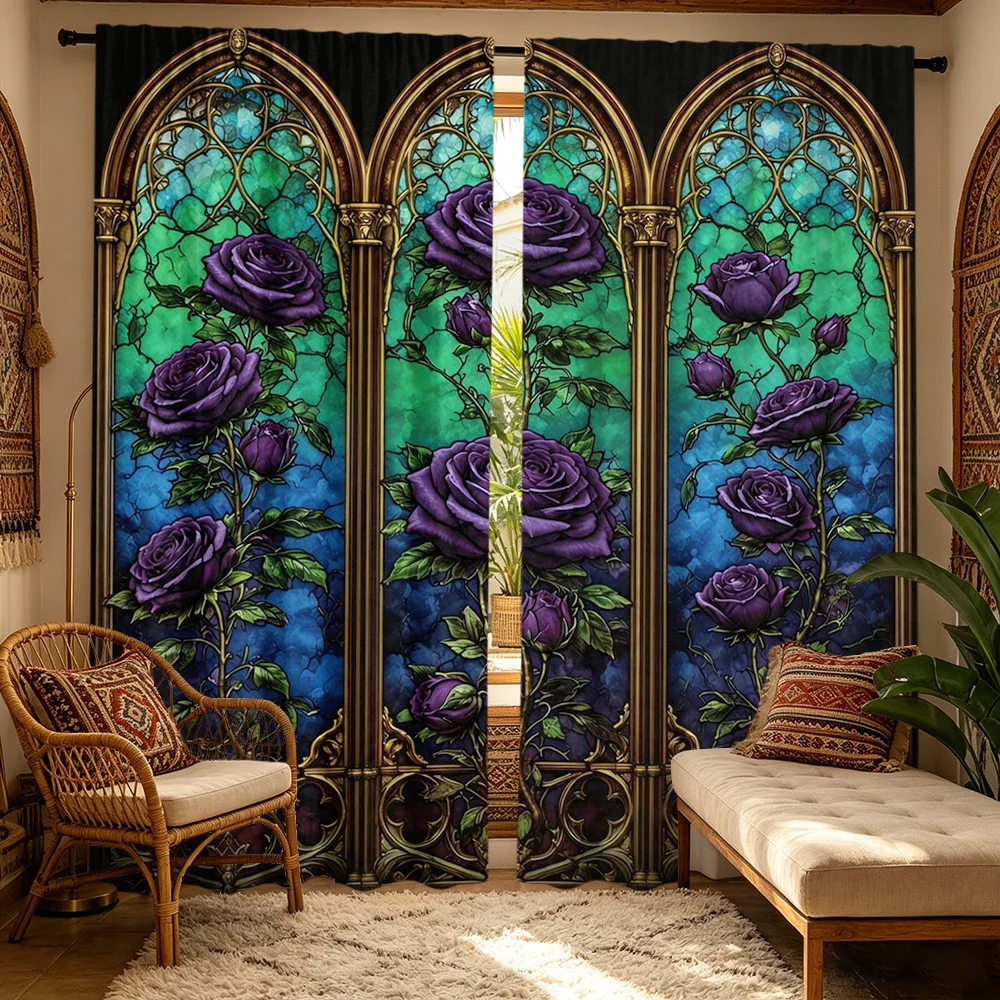 2PCS Digital Print Curtains, Stained Glass Gothic Rose Flower Pattern, Vintage Dark Romantic Style for Halloween Home Decor