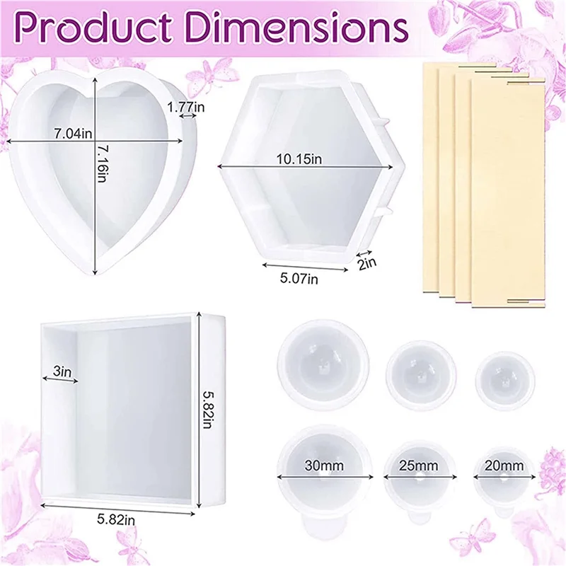 Upgrade Epoxy Silicone Molds, Resin Molds Kit for Flowers Preservation Deep Square Hexagon Heart Silicone Molds