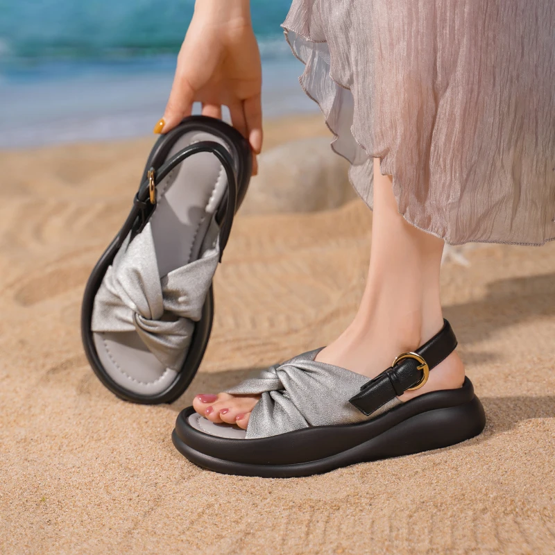 

new summer women's genuine leather platform slippers mix color slingback open toe thick sole flats sandals casual shoes