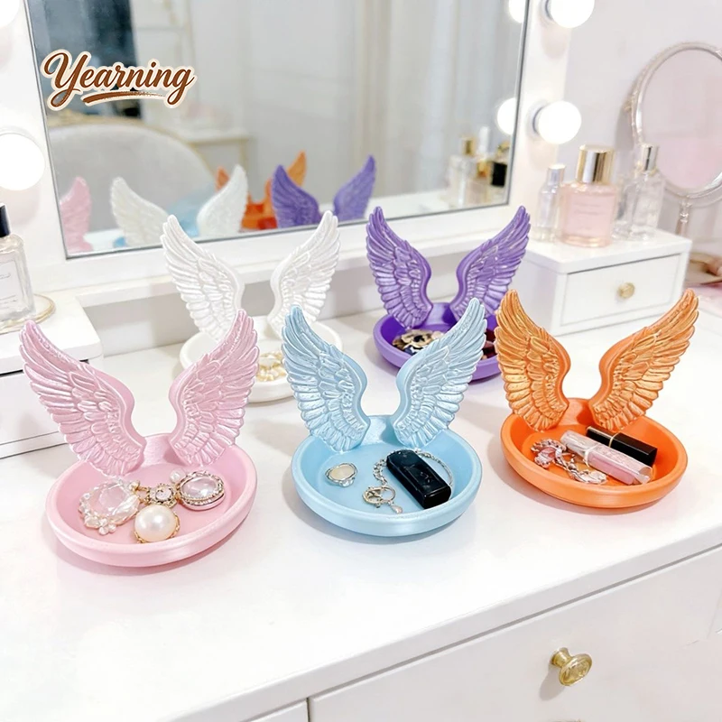Creative Angel Wings Desktop Storage Box Fashion Jewelry Tray Organizer Decorative Ornament for Home Vanity Decor Gift