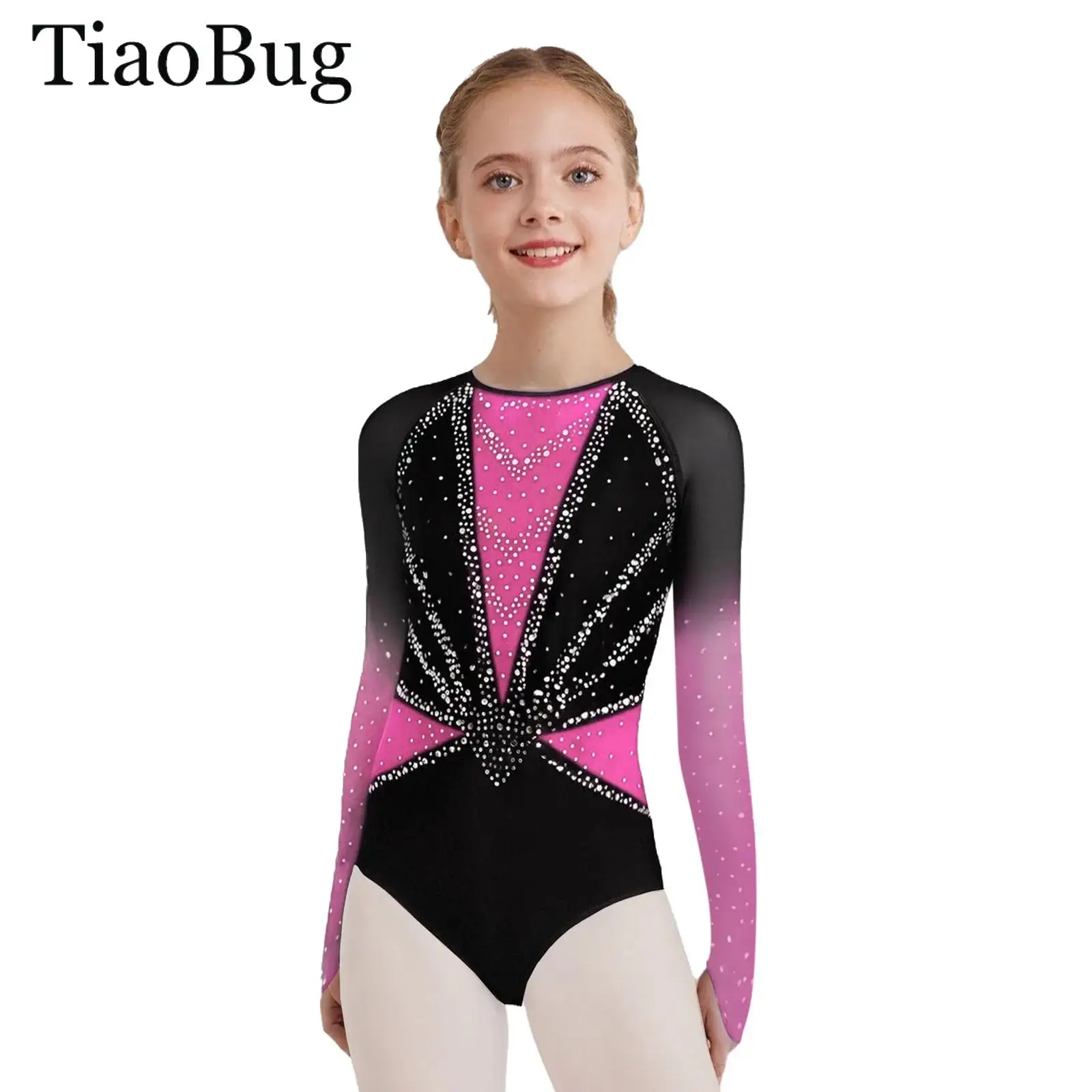 

Kids Girls Rhinestones Gymnastics Dance Leotard Long Sleeves Sheer Mesh Figure Skating Costume Ballet Jersey Unitards Bodysuit