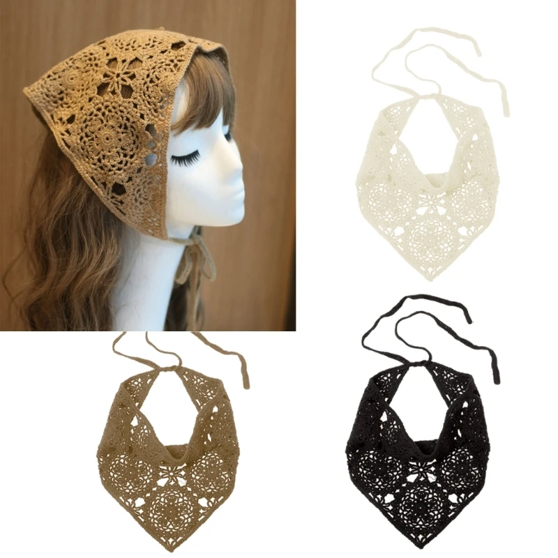 Headwrap de malha floral para mulheres, Bandana de crochê Lenço de cabeça Lenço de cabelo Laço traseiro Headwear para meninas