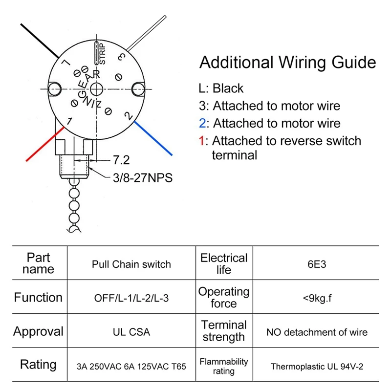 Ceiling Fan Switch Kit ZE-208S E89885 3 Speed 4 Wire Pull Chain, Ceiling Fan Parts, Switch Speed Control Switch
