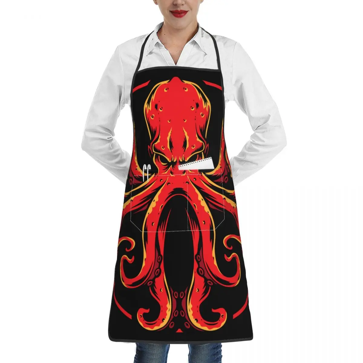 Kitchen Aprons For Woman Men Red Octopus Logo Chef Work Apron For Grill Restaurant Bar Shop Cafes Beauty Nails Studios Uniform