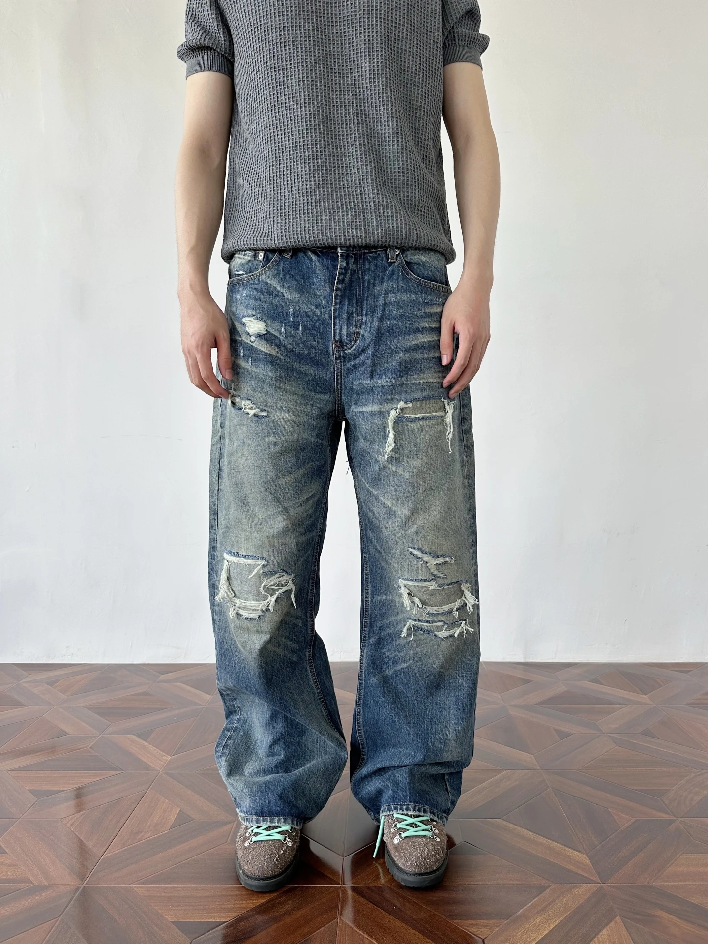 

Vintage Washed Distressed Denim Long Pants Loose Straight Leg 3D Whisker Men's Women's Casual Wear Autumn Durable