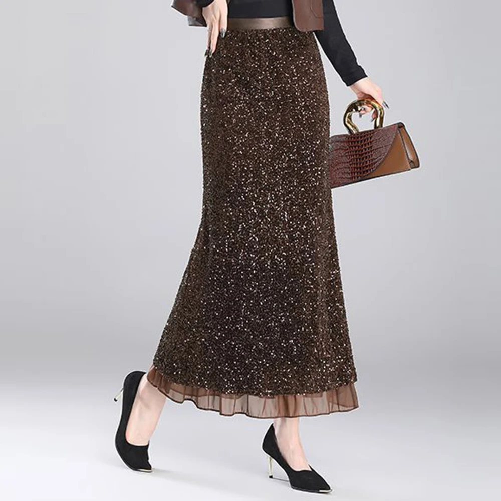 Sequined  wind fishtail skirt long spring and autumn women 2025 new sparkling foreign style hip skirt half skirt long