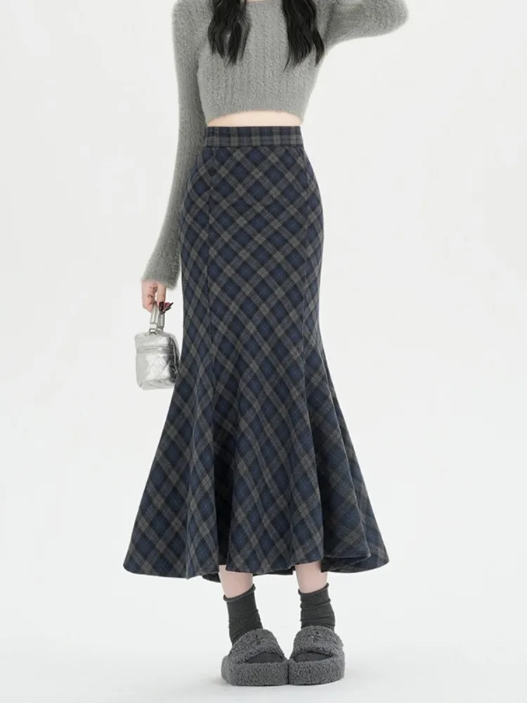 الخريف الشتاء Thiened حك الأزرق ey منقوشة العائمة ألف خط فاي الذيل تنورة المرأة الجديدة Sle ضئيلة الصوفية f طول تنورة