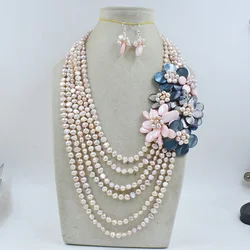 Mother  of shell flower cluster jewelry !!! 6strands pink pearl chain fashion waterfull  necklace