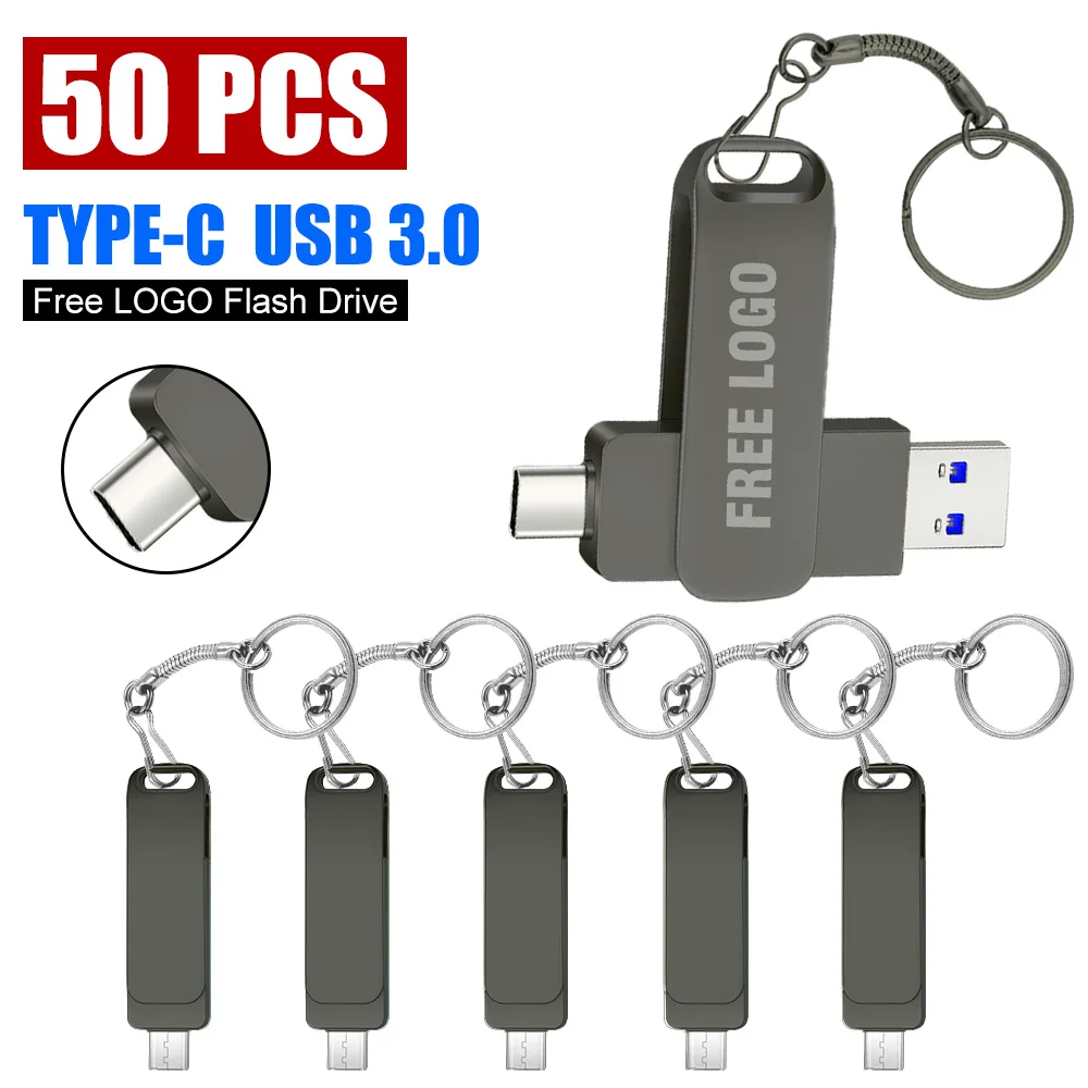 

50Pcs Type-C OTG 3.0 USB Flash Drive 16GB 32GB 64GB U Disk 128GB Pen drive Car 256GB Mini Pen Drive Metal Office for Phone