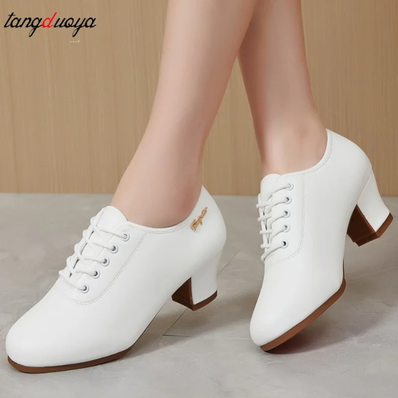 Modern Square Dance Shoes for Women Genuine Leather Soft Bottom Latin Dancing Shoes Rubber Sole Comfortable Teacher Shoes ﻿