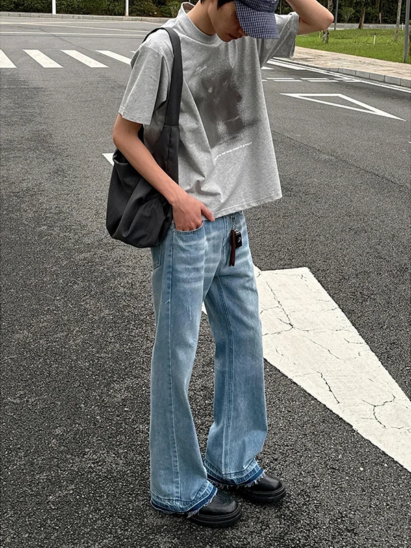 

Light Blue Men's Summer Thin Straight Leg Jeans Waed Denim Pants Drapey Flared Trousers Cleanfit Casual Streetwear