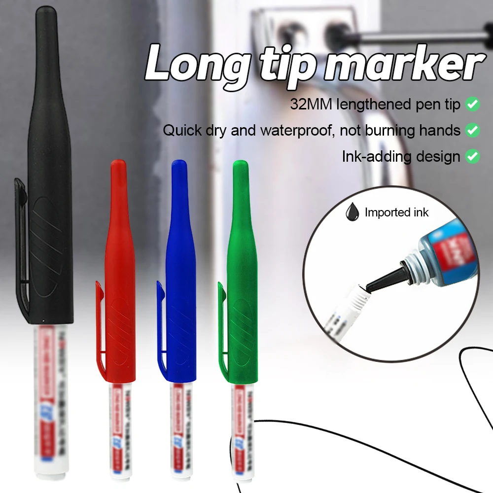 5Pcs/Set 32mm Long Head Markers Pen Bathroom Woodworking Decoration Multi-purpose Deep Hole Marker Pens Pen Black Blue Red Ink