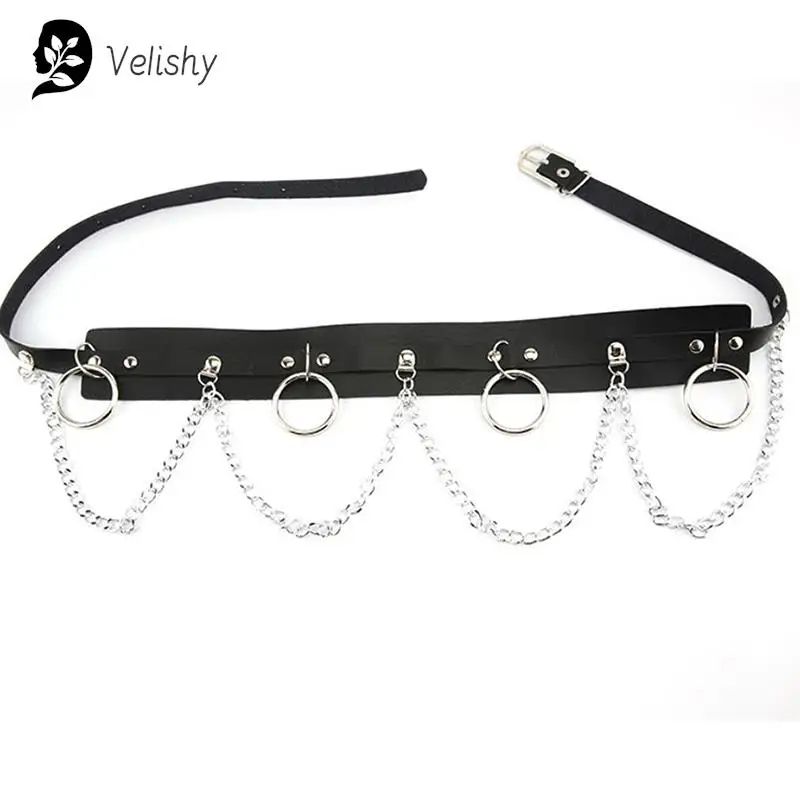 Faux Leather Metal Circle Chain Tassel Waist Belt Punk Gothic Body Accessories