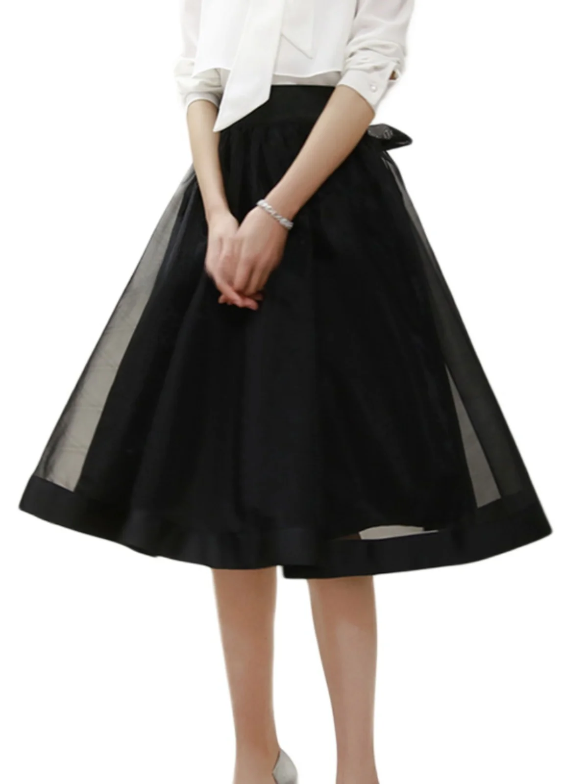 High Waist Euro Organza Puffy Skirt Hepburn Sle Slimming Me Midi Bla Versatile Women's f Body Skirt Commute Korean S...