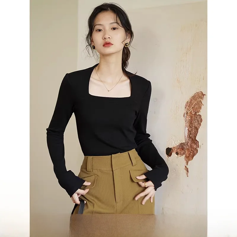 

Faionable Knitted Long Sve T-irt Women's Base irt oulder Hanging Square Collar Bla Color Spring Season Commute S...