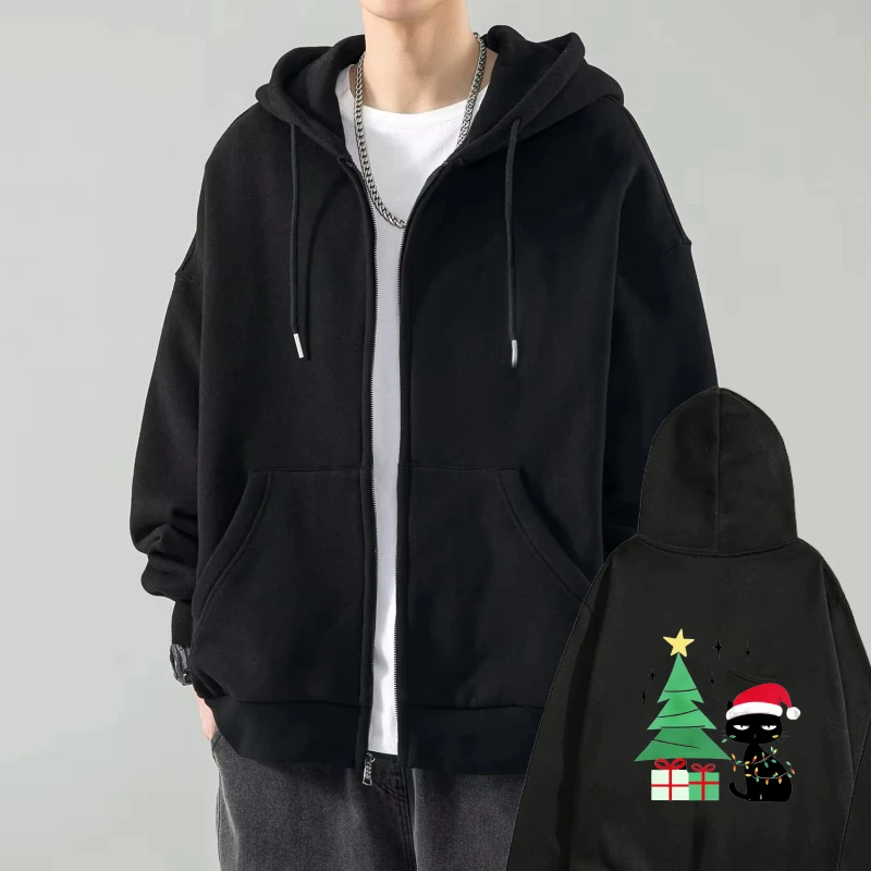 

Мужская куртка с капюшоном, черная рождественская елка, принт Санта-Клауса, повседневная зимняя верхняя одежда для праздничной вечеринки и повседневной носки