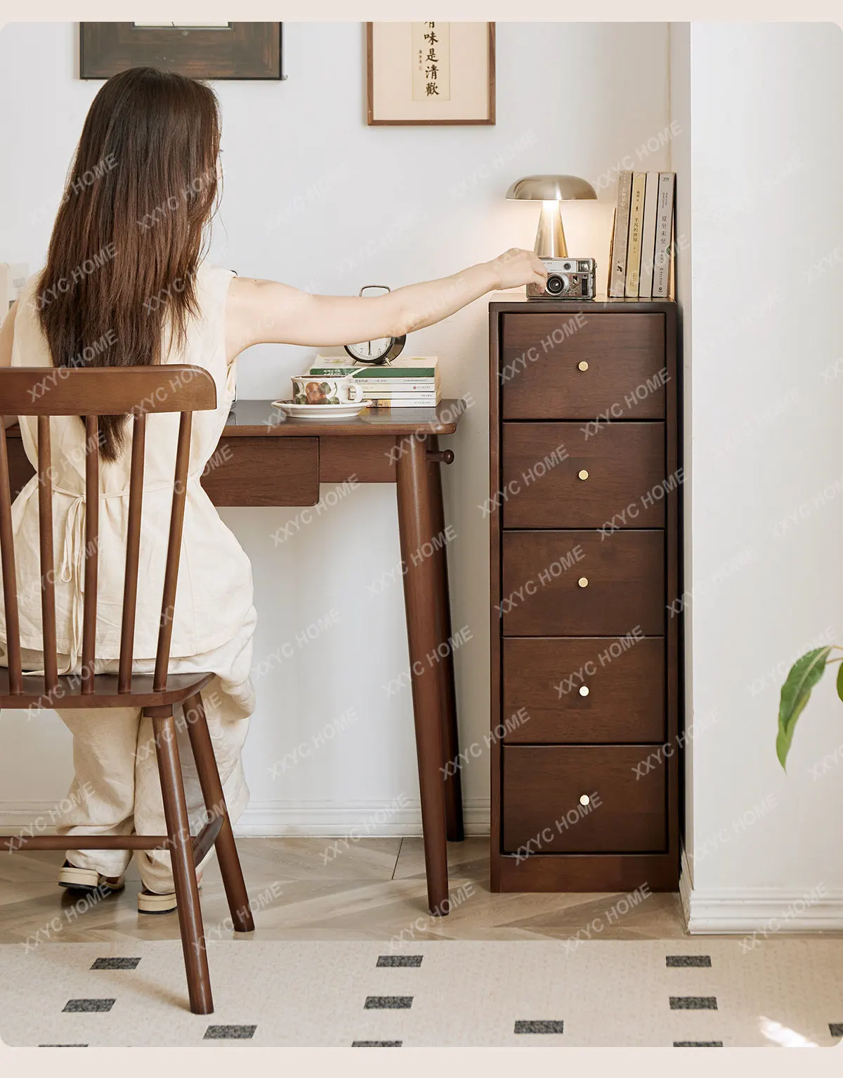 X-S  solid wood crevice cabinet walnut color living room drawer cabinet ultra-narrow chest of drawers HG