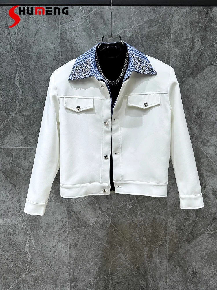

Men's 2025 New High-End Elegant Small Fragrant Jacket Faux Two-Piece Spliced Diamond-Studded Striped Collar Design Short Jackets