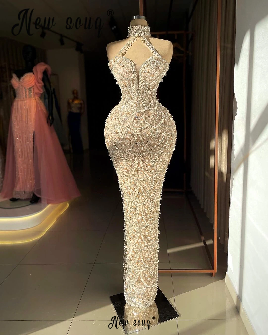 Ivory Full Pearls Backless Evening Dress Elegant Bride Gowns Nude Lace Wedding Event Gowns Vestido De Noiva Celebrity Gowns