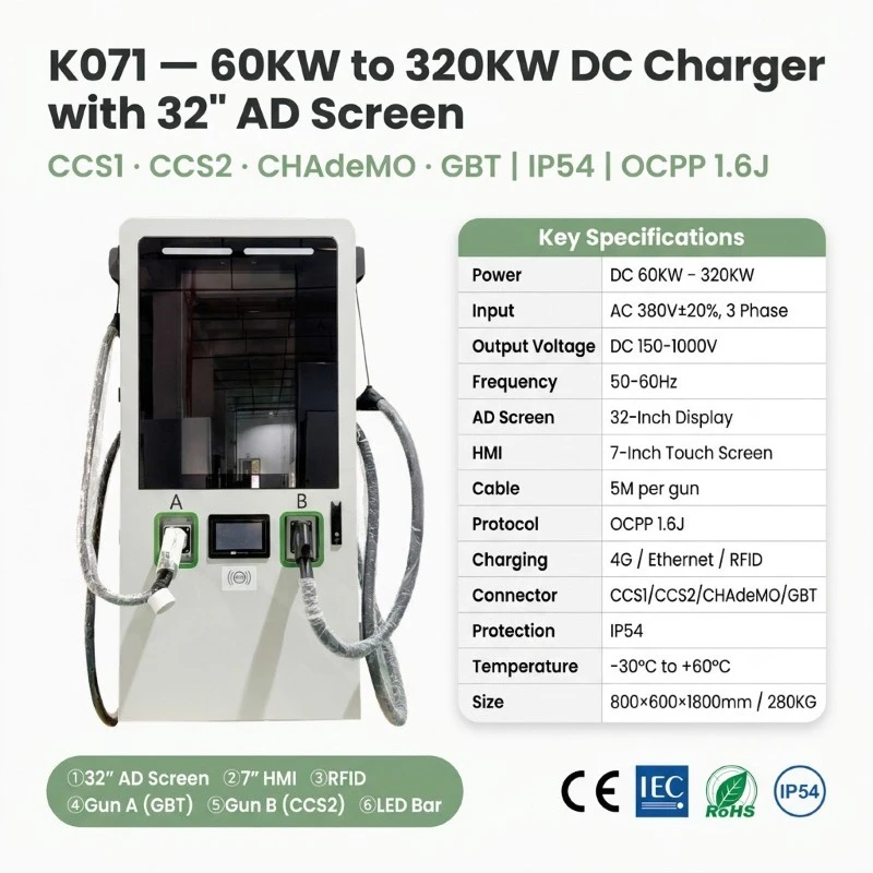 Customized 320KW 32 Inch Advertising Screen DC EV Charging Station 60KW 120KW Dual CCS1 CCS2 CHADEMO GBT OCPP 1.6J 4G RFID IP54